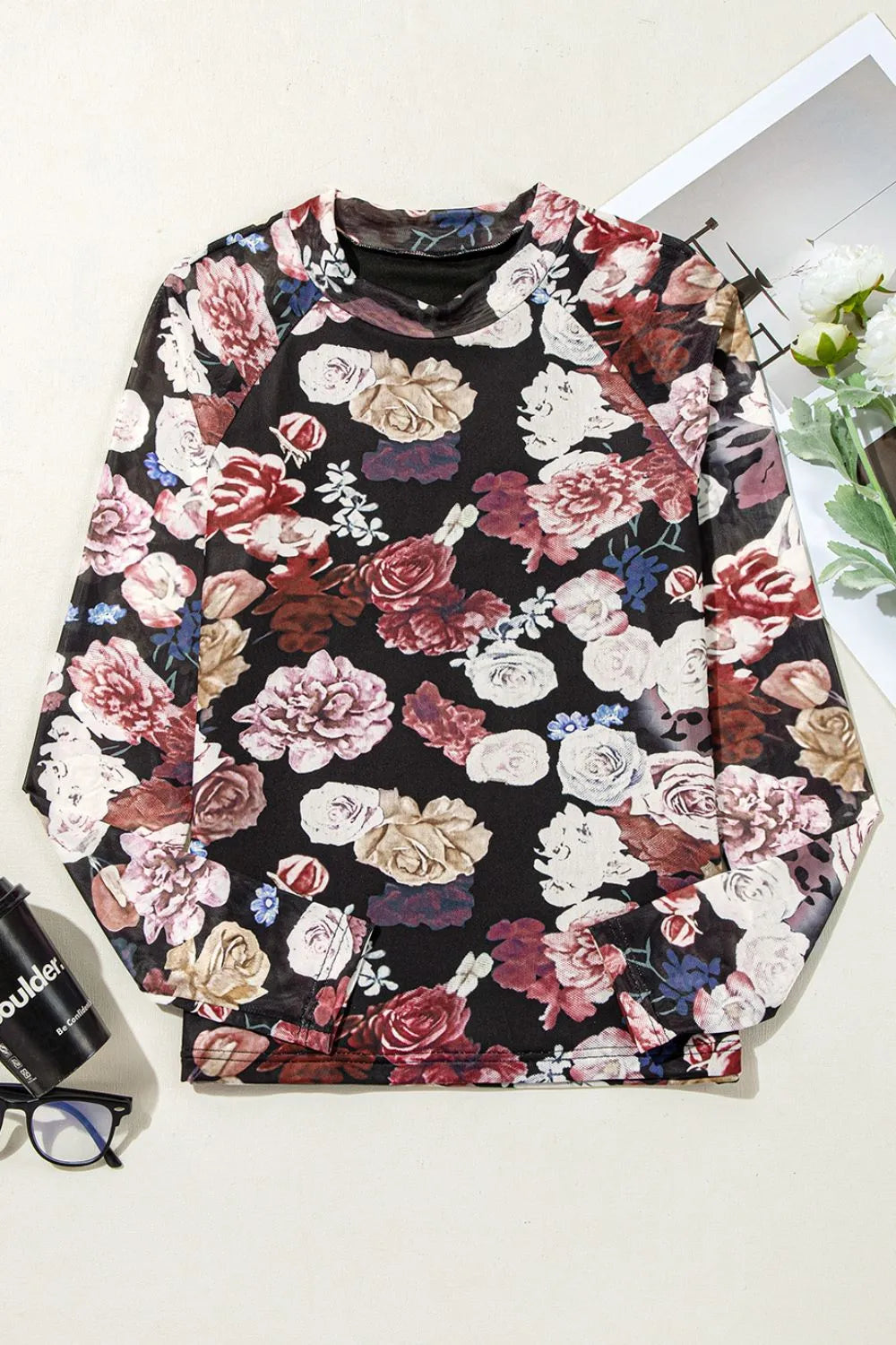 Floral Mock Neck Long Sleeve Mesh Top - cas7m