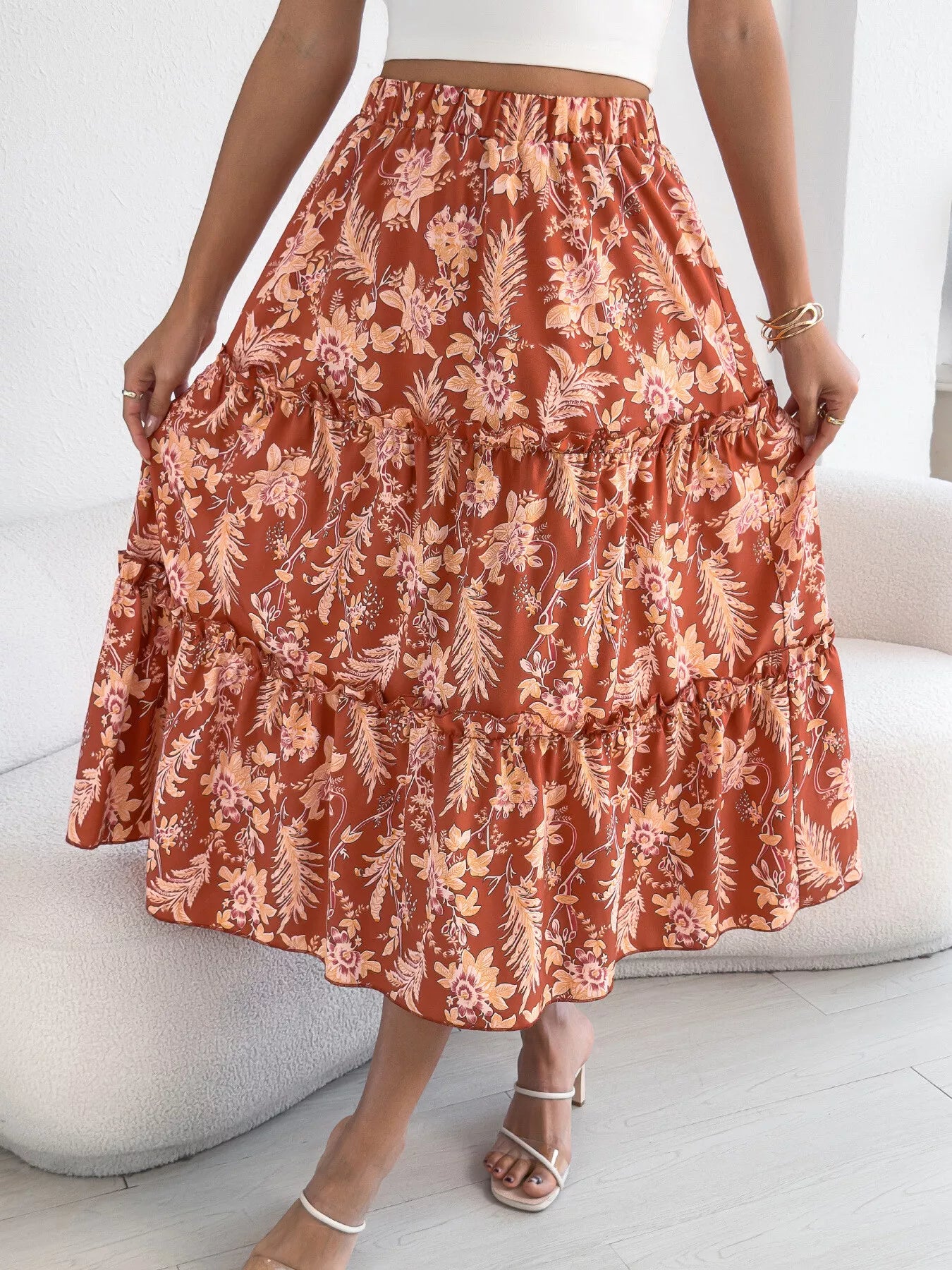 Floral Print Ruffle Hem Flowy Midi Skirt - cas7m