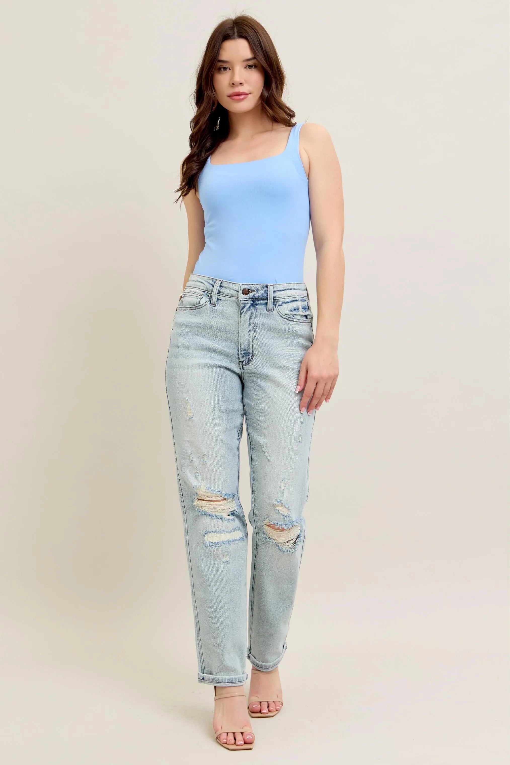 Judy Blue Full Size Mr Repair Stitch Detail Destroy Single Cuff Bf Jeans Plus Size - cas7m