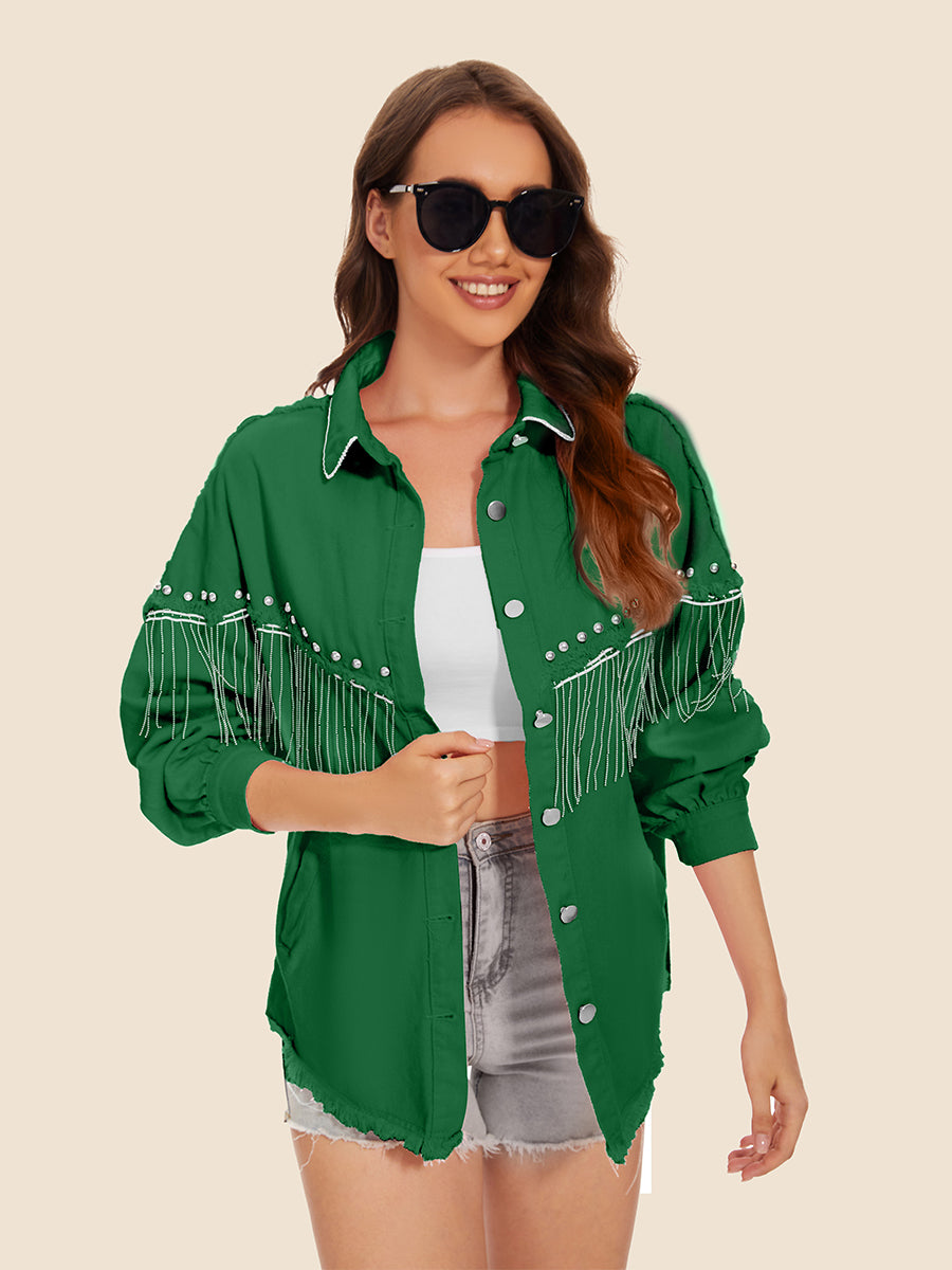 Raw Hem Fringe Detail Denim Jacket - cas7m