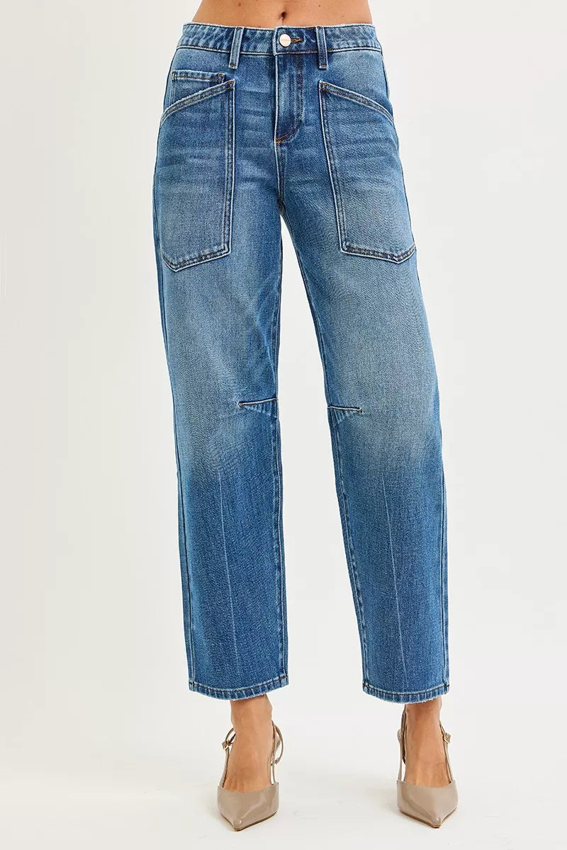 RISEN 4 Way Stretch Mid Rise Barrel Jeans with Patch Pocket Detail - cas7m