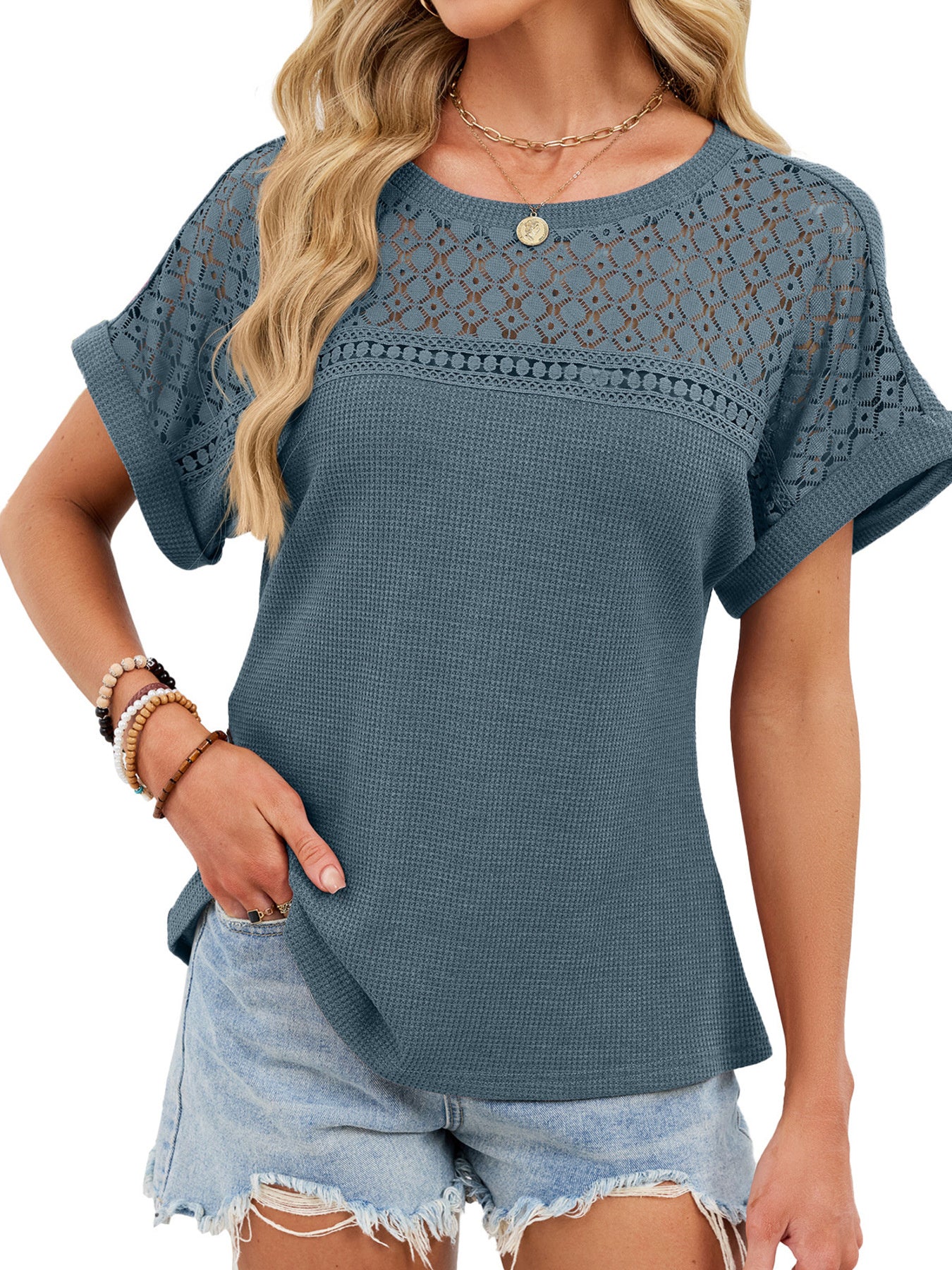 Lace-Trimmed Round Neck T-Shirt - cas7m