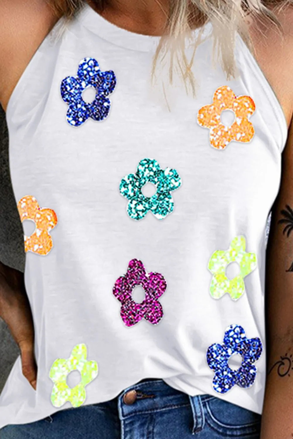 Sequin Flower Grecian Neck Tank - cas7m