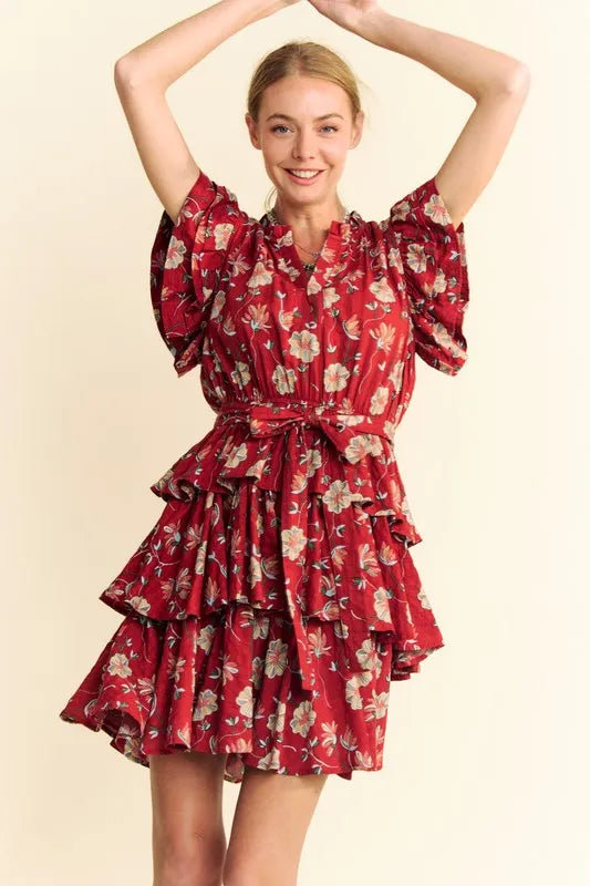 Davi & Dani Ruffle Flutter Sleeve Tie Belt Tiered Mini Dress - cas7m