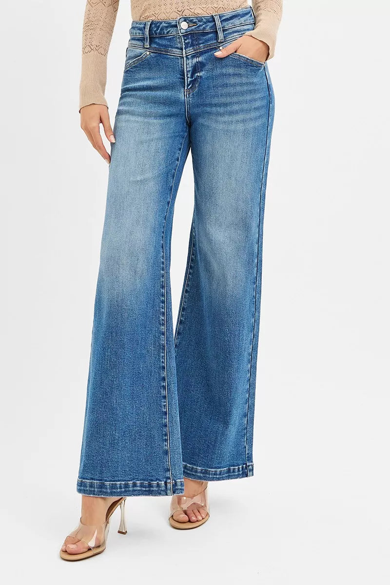 RISEN High Rise Wide Leg Jenas with Front Yoke and Heart Back Pocket - cas7m