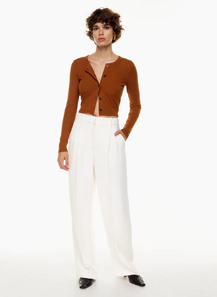 High Waist Straight Trousers With Pockets Wide Leg Casual Pants For Women - cas7m