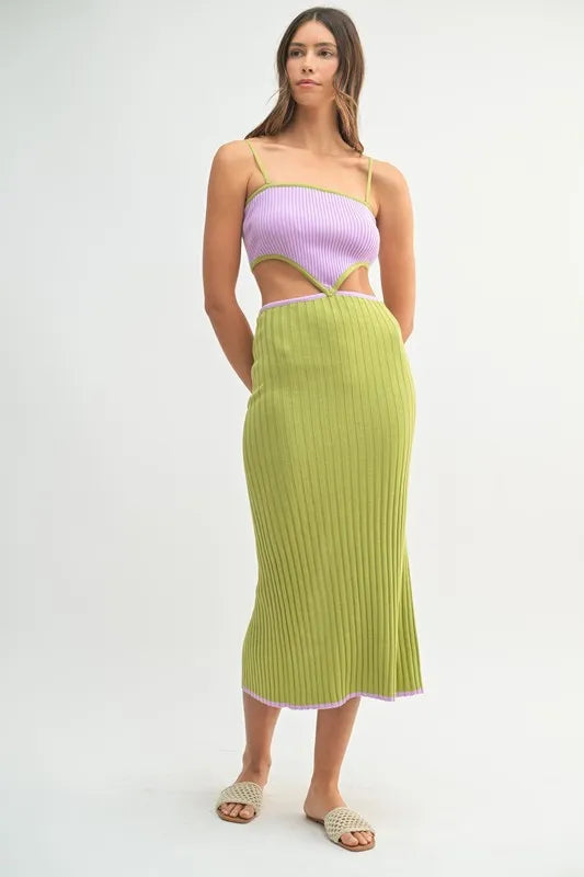 MABLE Ribbed Knit Color Block Cutout Midi Dress - cas7m