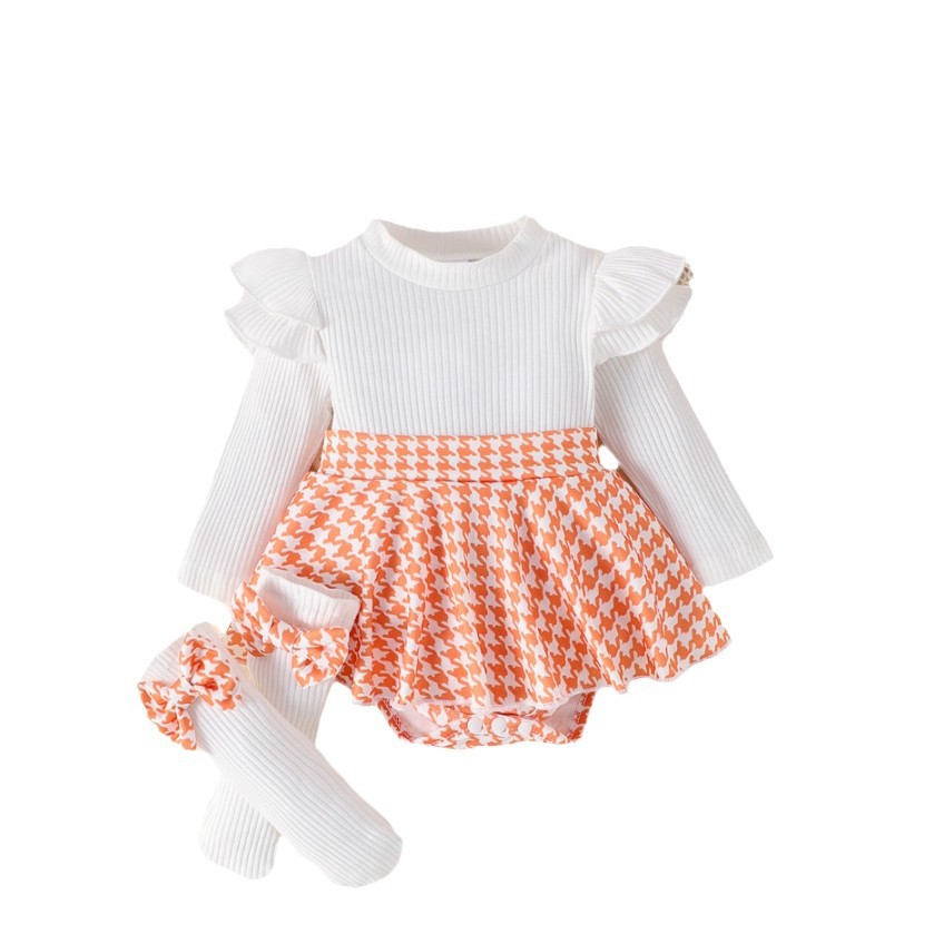 Sunken Stripe Long Sleeve Stitching Houndstooth Skirt One-piece Romper - cas7m