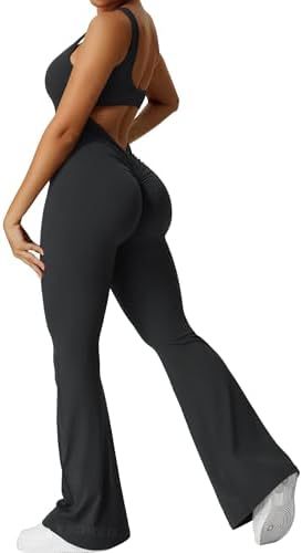 Women Sleeveless Flare Jumpsuits Fitness Yoga Long Pants - cas7m