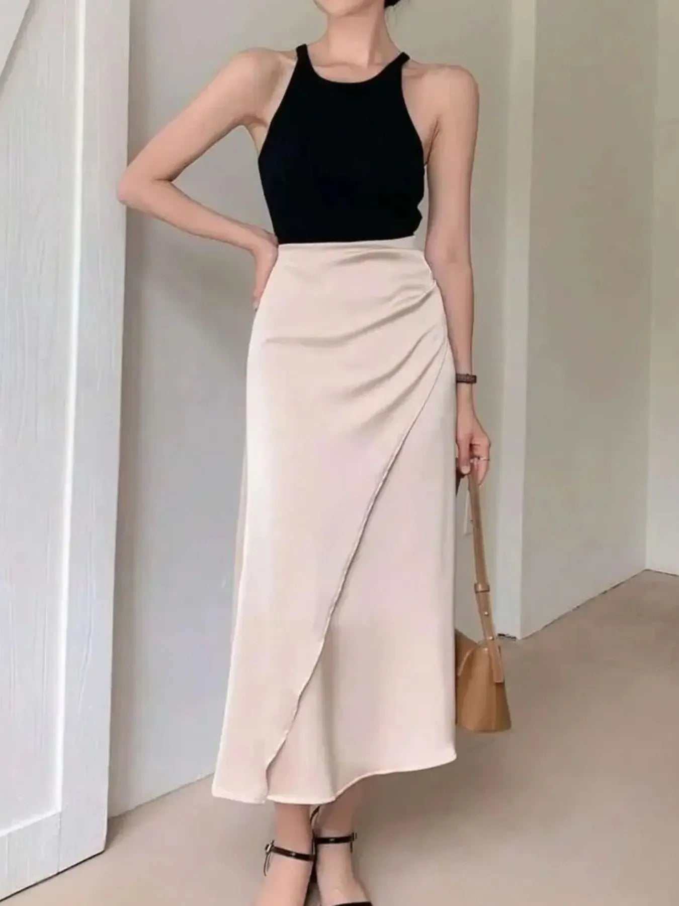 Asymmetric Wrap Midi Skirt with Fluted Hem - cas7m