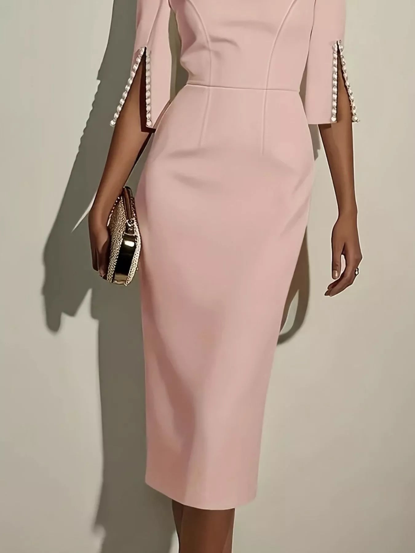 Slim-Fit Elegant Midi Dress with Beaded Slit Sleeve - cas7m
