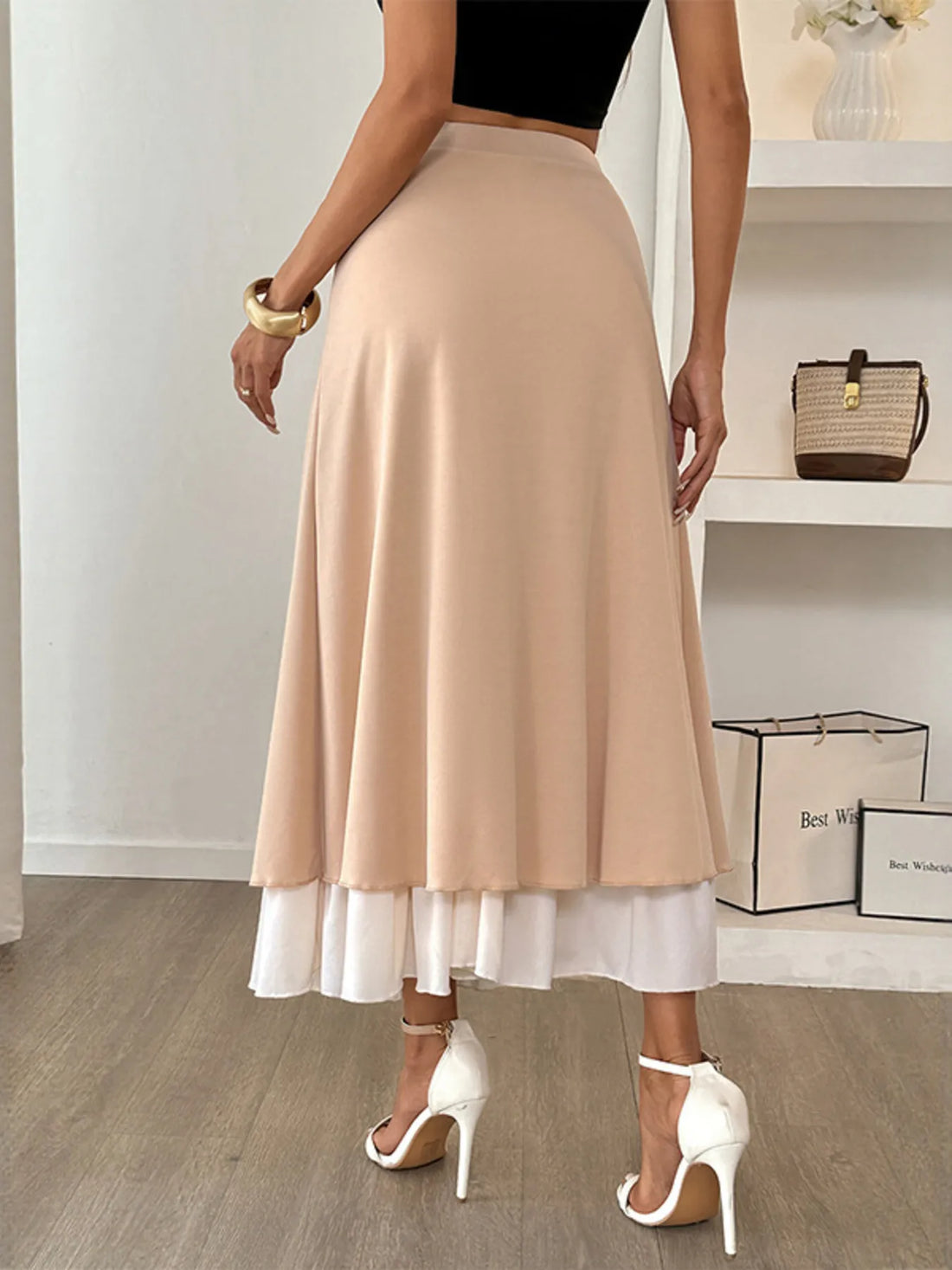 Layered Midi Skirt with Contrast Hem Detail - cas7m
