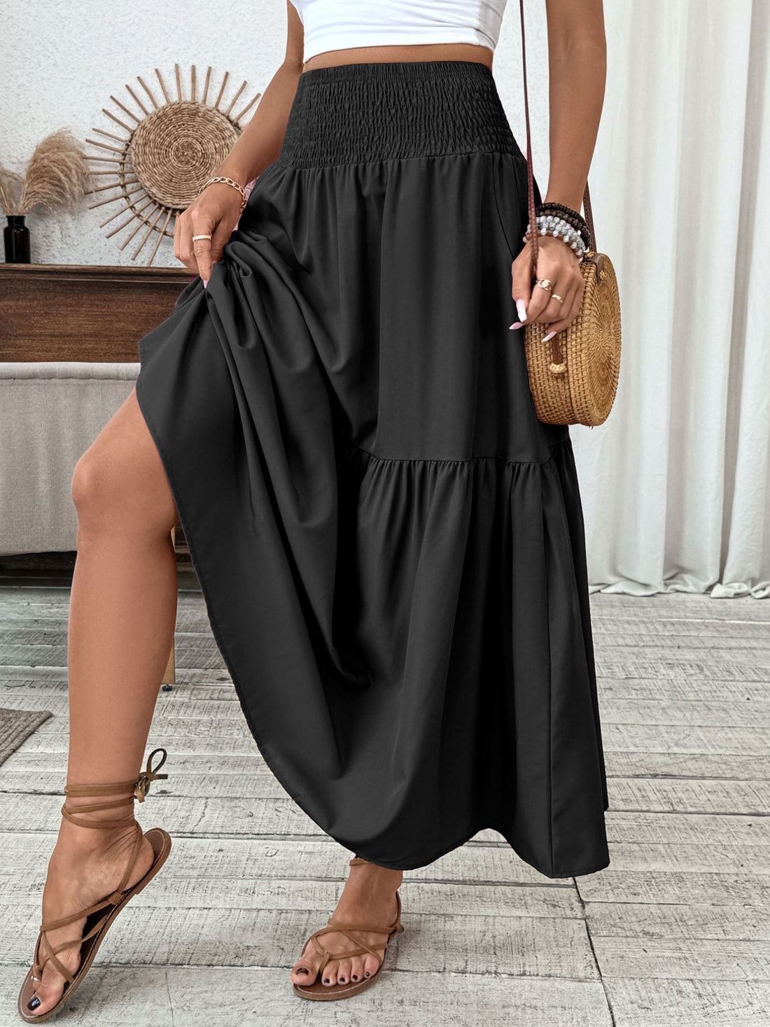 Smocked Waist Tiered Skirt - cas7m