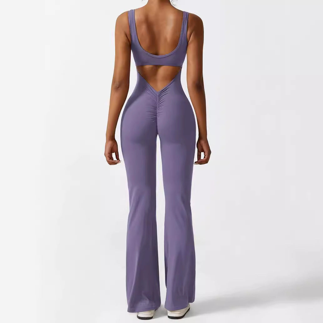 Women Sleeveless Flare Jumpsuits Fitness Yoga Long Pants - cas7m