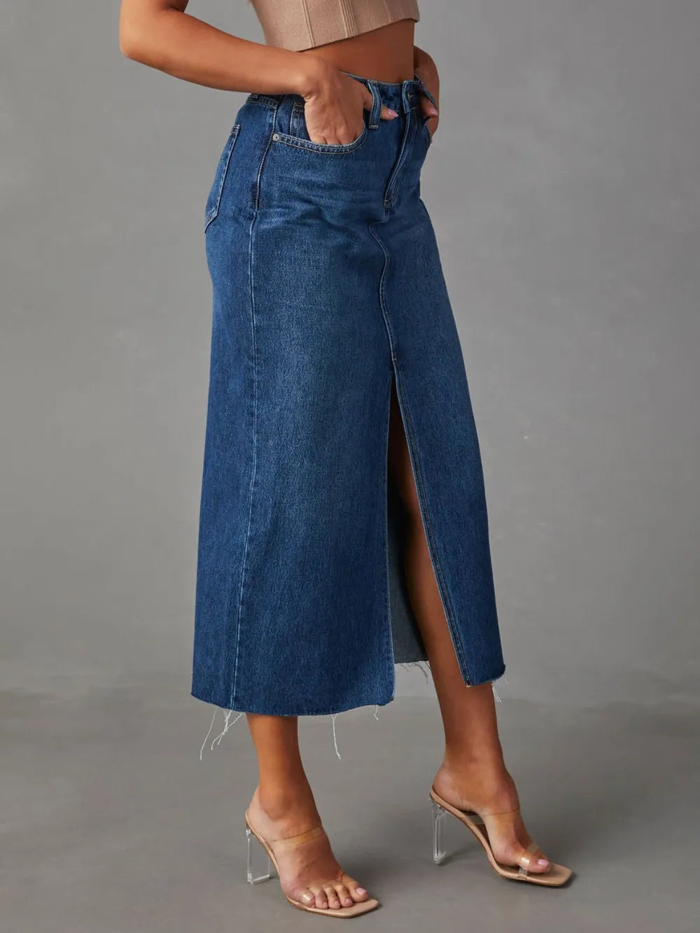 Raw Hem Front Slit Denim Midi Skirt - cas7m
