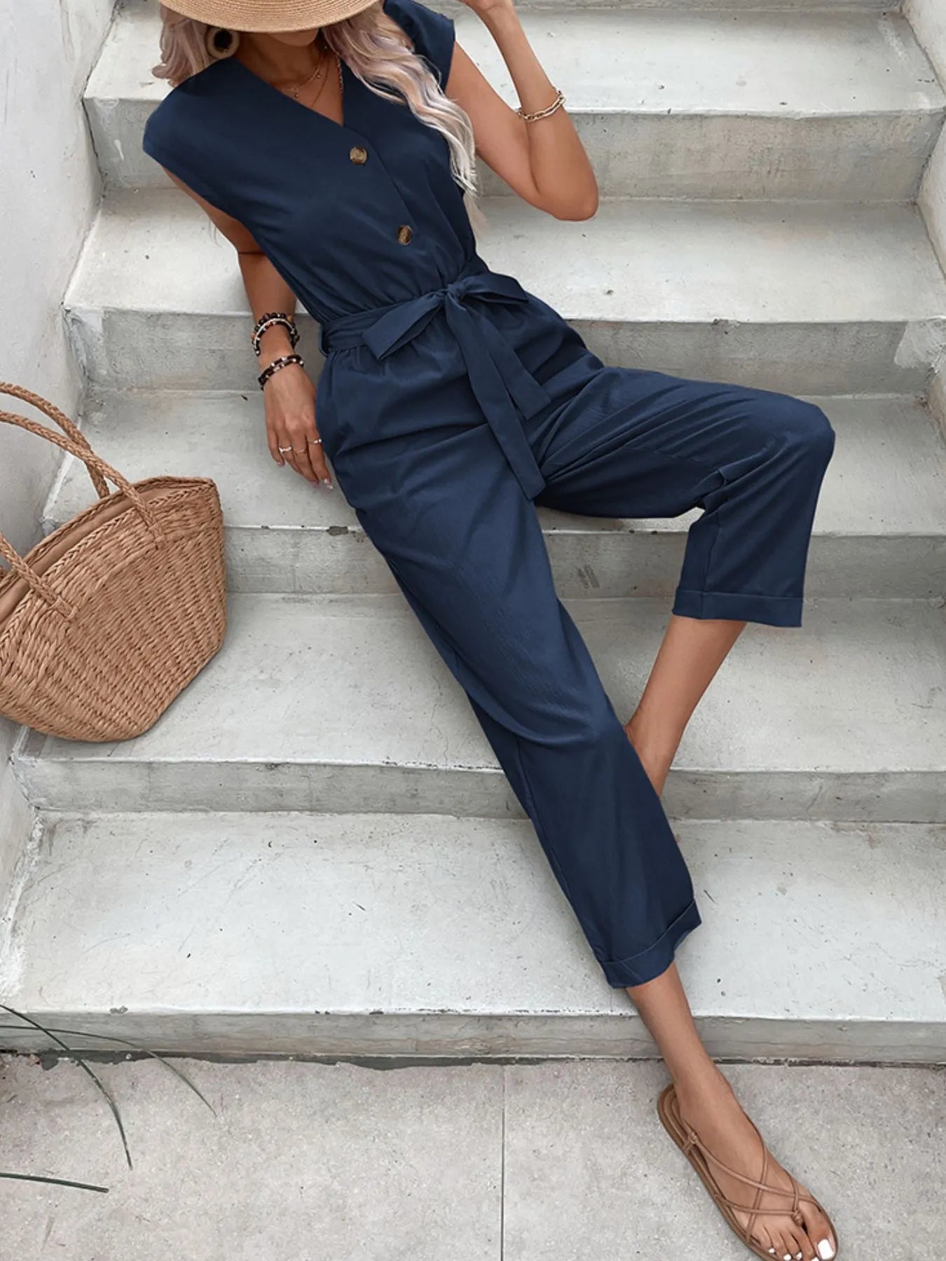 Button-Front Tie Waist Jumpsuit - cas7m