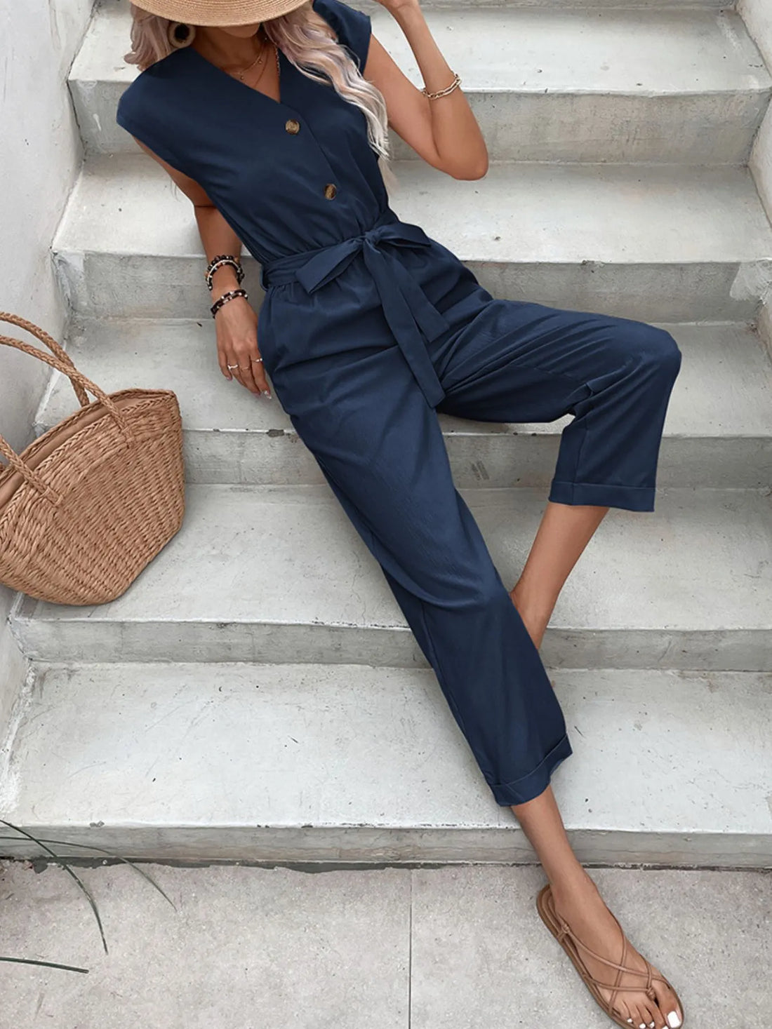 Button-Front Tie Waist Jumpsuit - cas7m