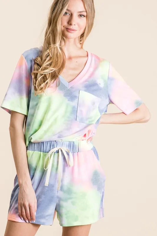 BiBi Tie Dye Casual Shorts with Twill Tape Drawstring - cas7m