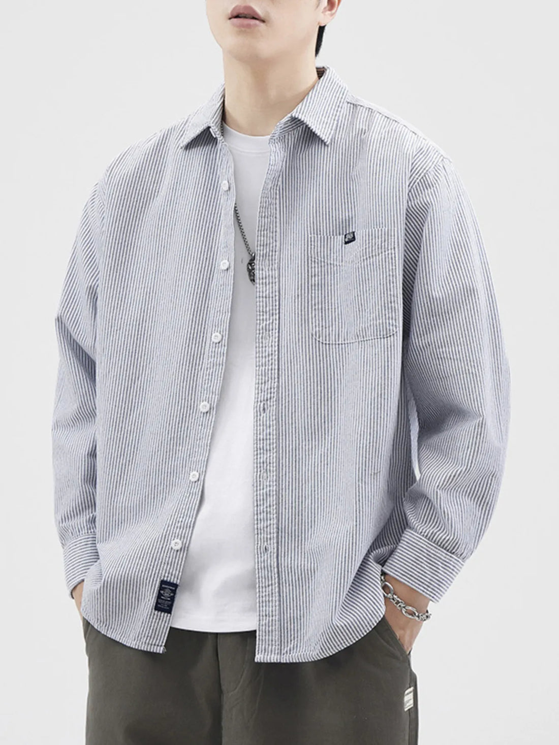 Men's Plus Size Striped Button Up Long Sleeve Shirt - cas7m