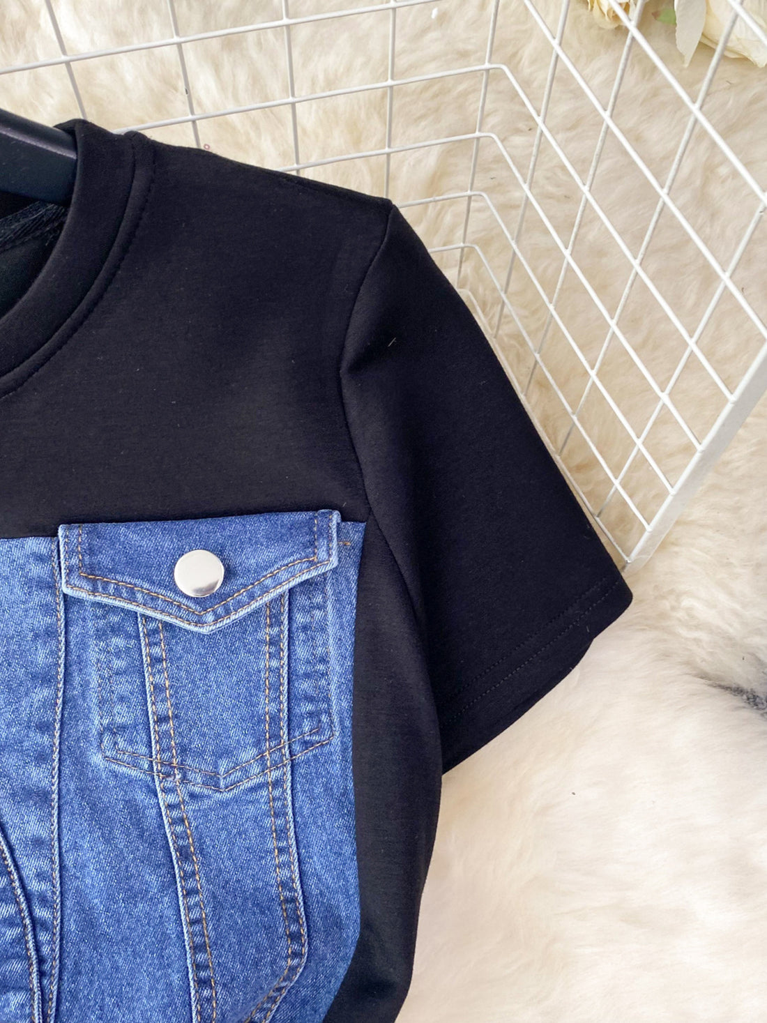 Full Size Denim Patchwork Short Sleeve Slit Back Dress Plus Size - cas7m