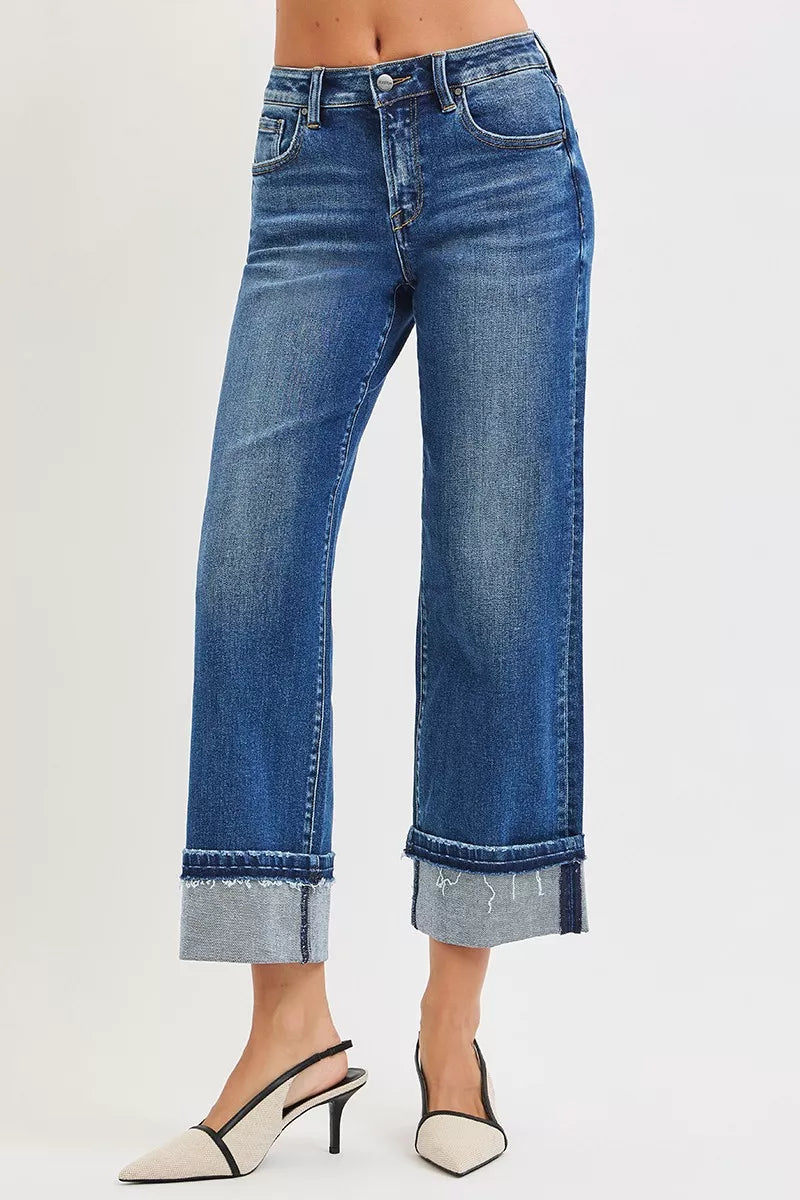 RISEN Mid Rise Ankle Straight Jeans with Cuffed Hem - cas7m