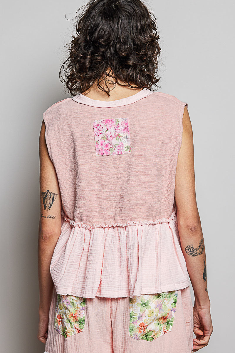 POL Floral Patch Ruffled Sleeveless Top with Raw Edge Detail - cas7m