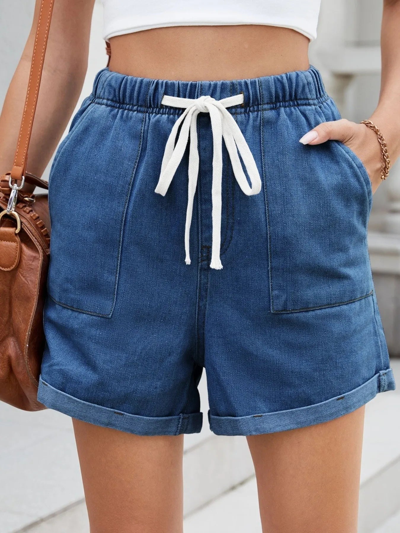 Drawstring Wash Denim Shorts - cas7m