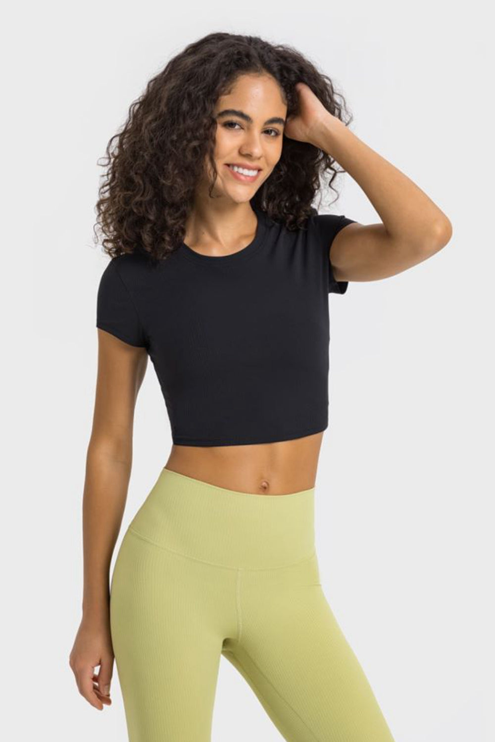 Soft Flex Cropped Yoga Top - Stretchy Solid Short Sleeve - cas7m