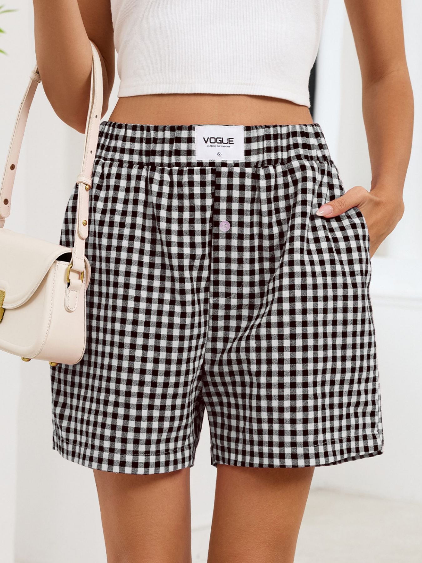 Gingham Elastic Waist Casual Shorts - cas7m