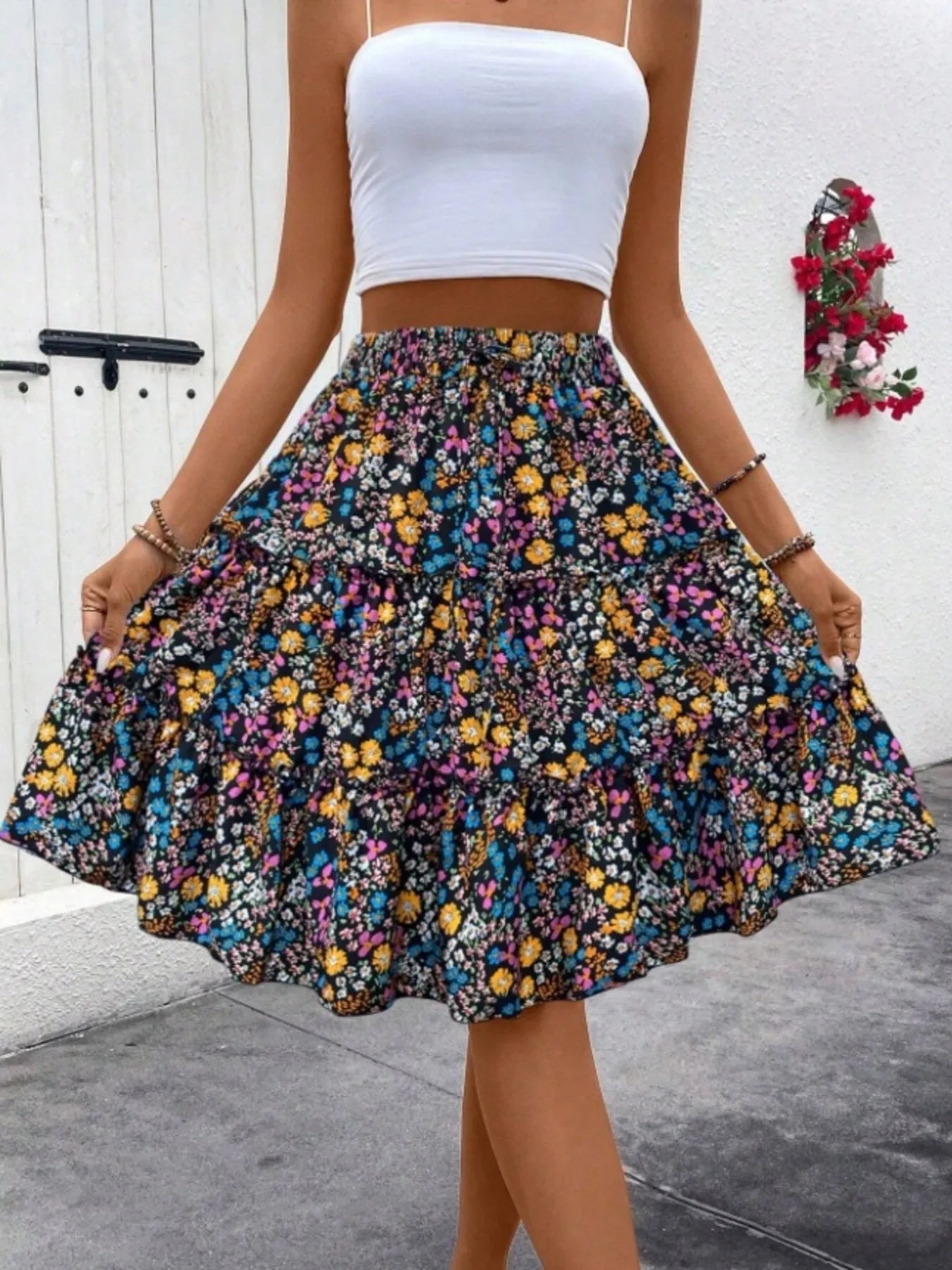Floral Print Midi Skirt - cas7m