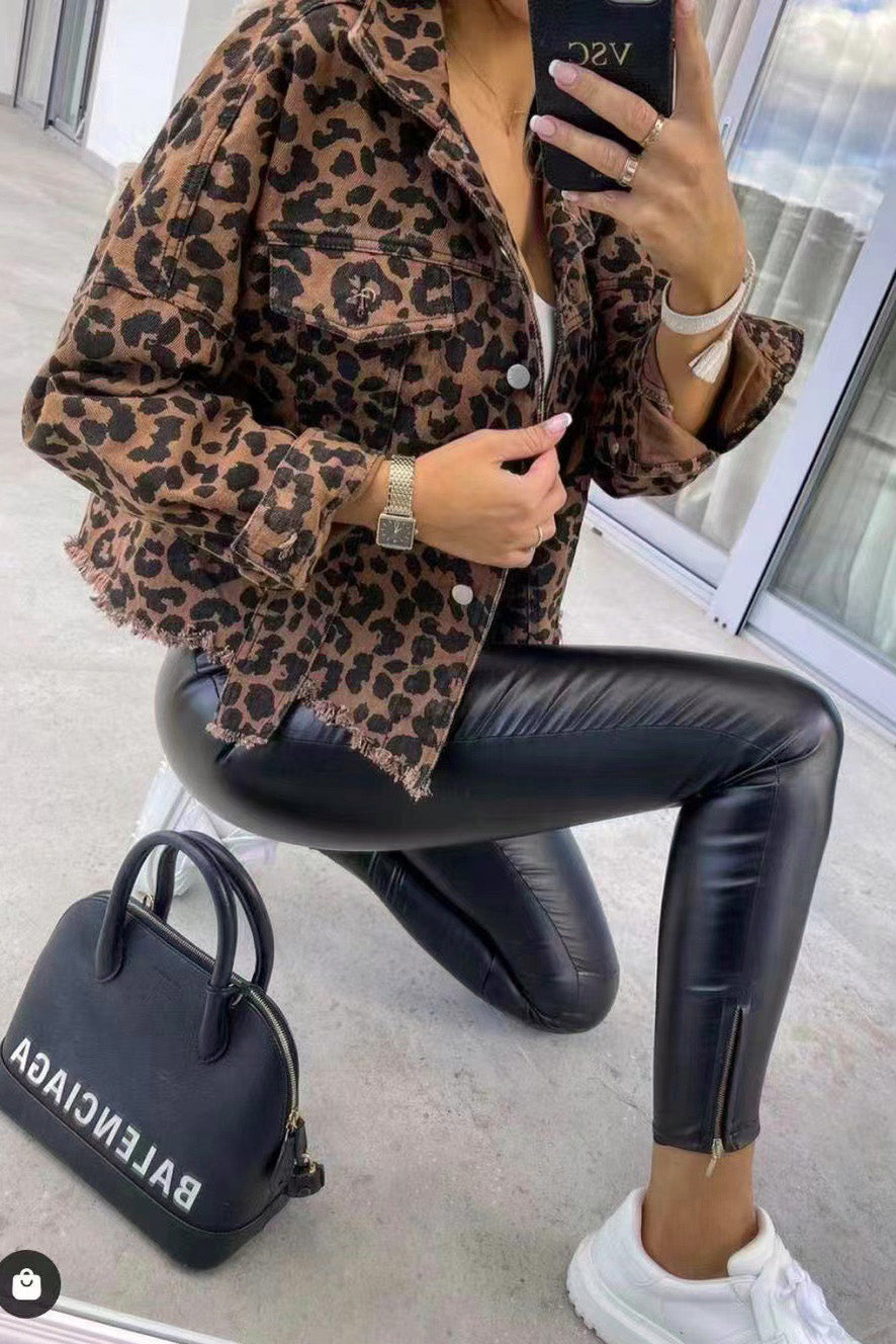 Leopard Raw Hem Denim Jacket - cas7m