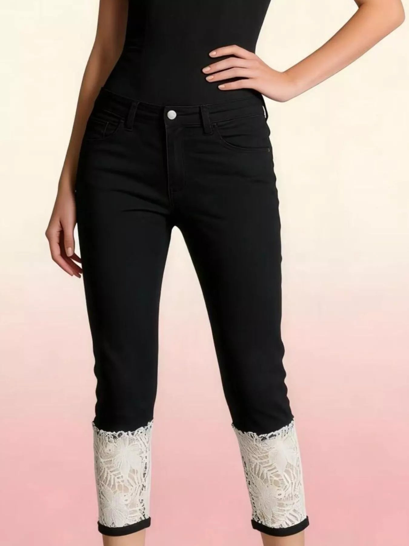 Full Size Lace Trimmed Capri Jeans Plus Size - cas7m