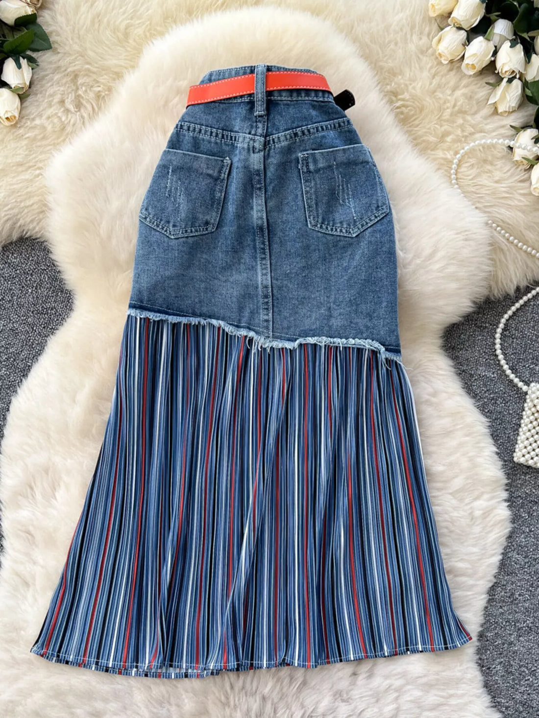 Full Size Striped Patchwork Denim Skirt Plus Size - cas7m