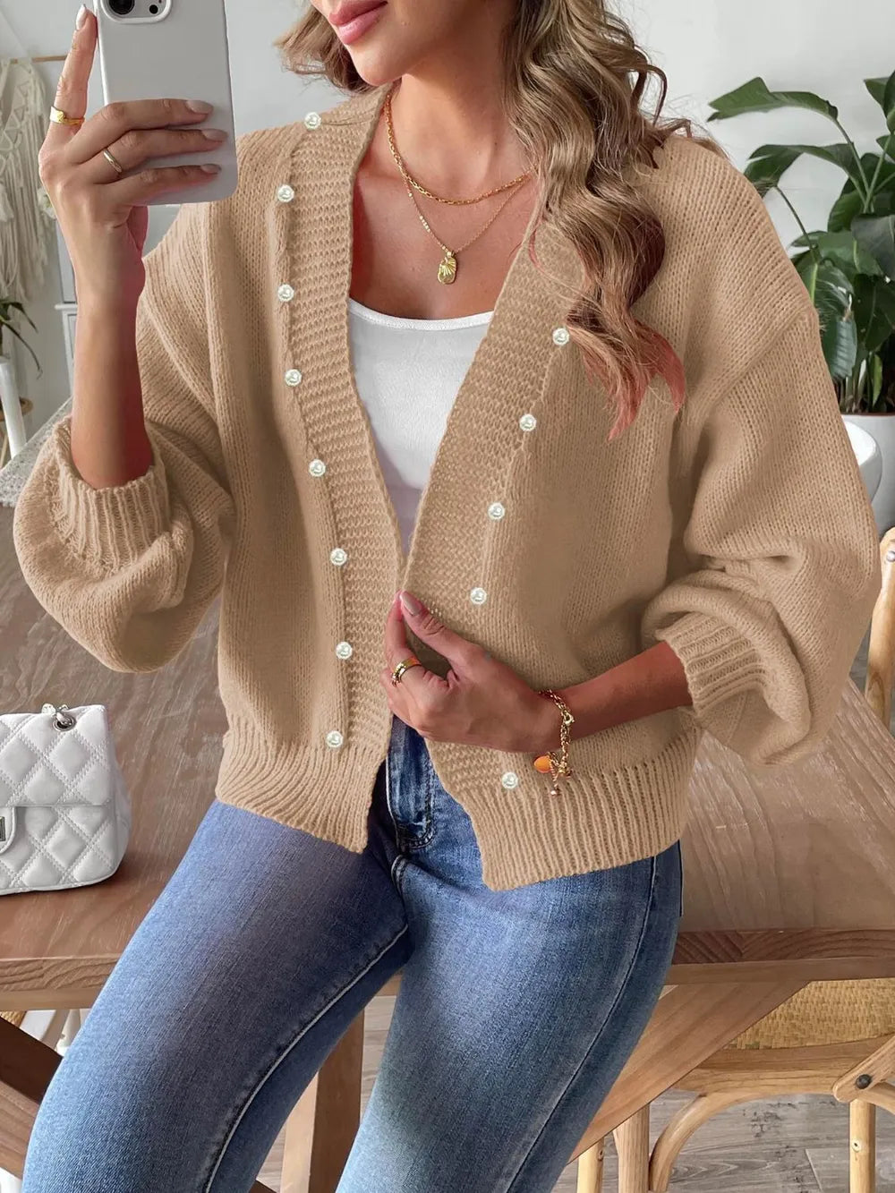 Pearl Open Front Long Sleeve Cardigan - cas7m