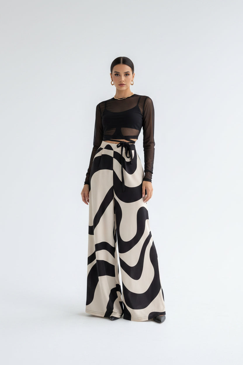 Loose High Waist Wide Leg Printed Straight Casual Pants - cas7m