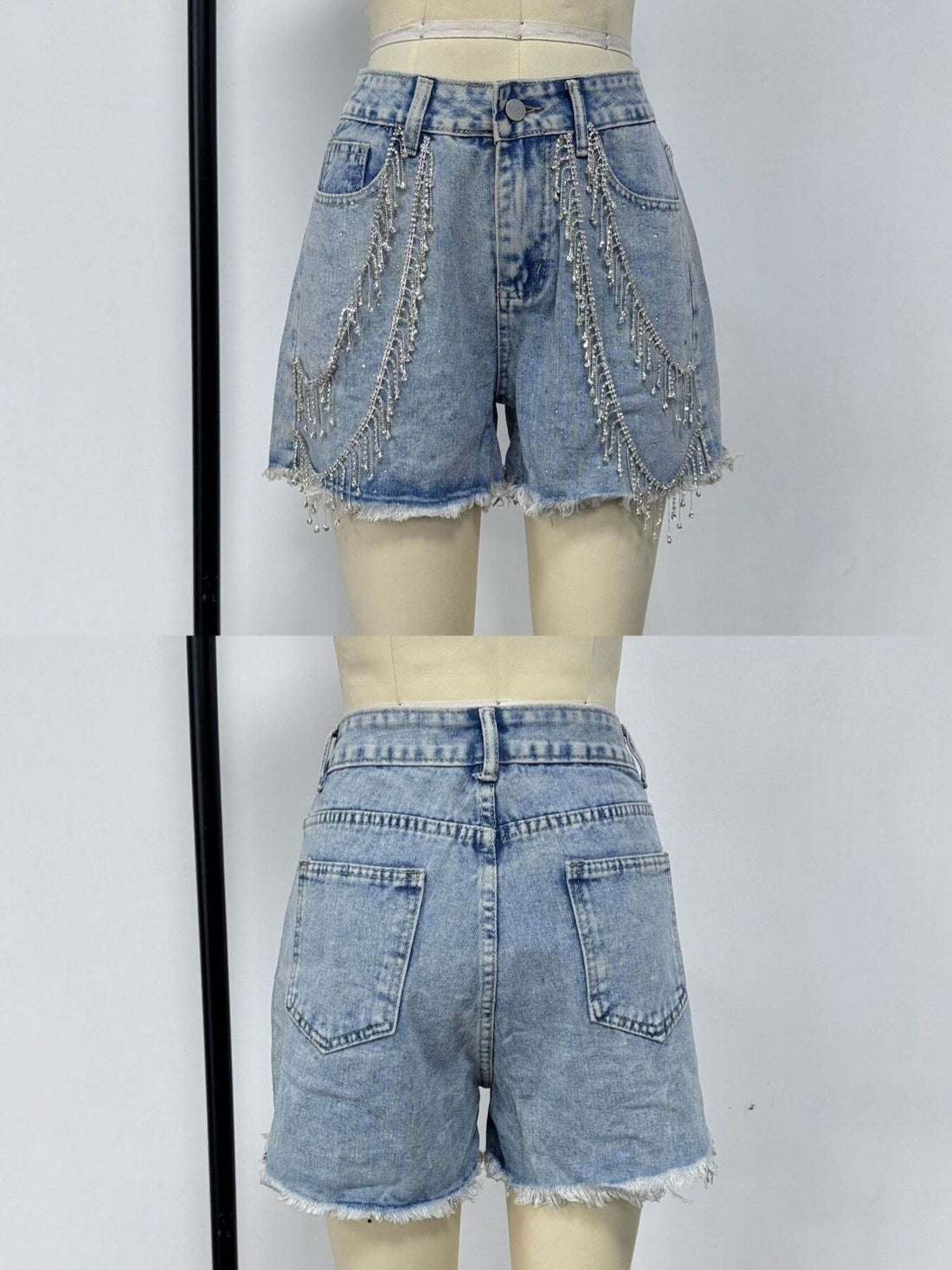Rhinestone Chain Raw Hem Denim Shorts - cas7m