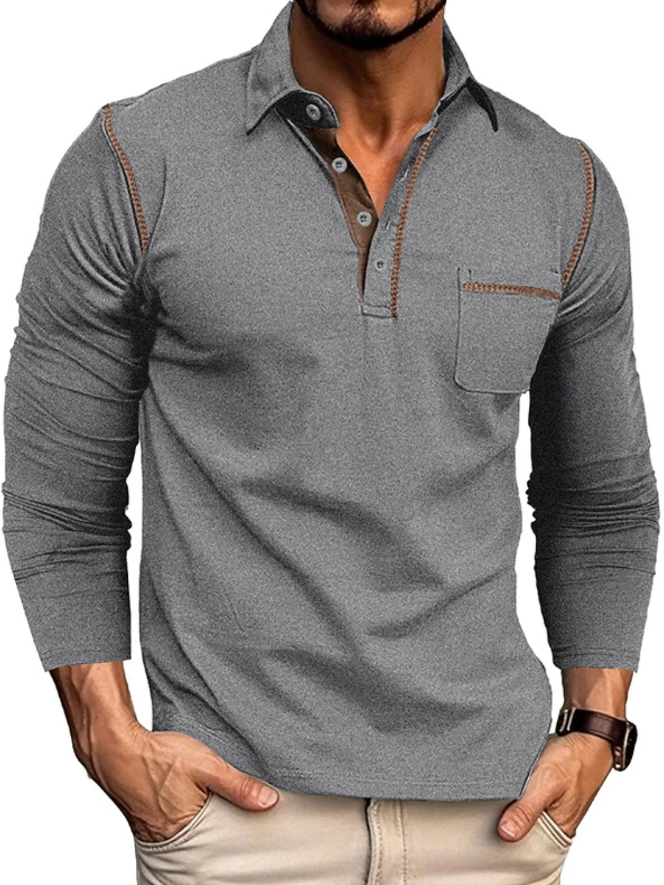 Men's Long Sleeve Polo Shirt with Contrast Stitching - cas7m