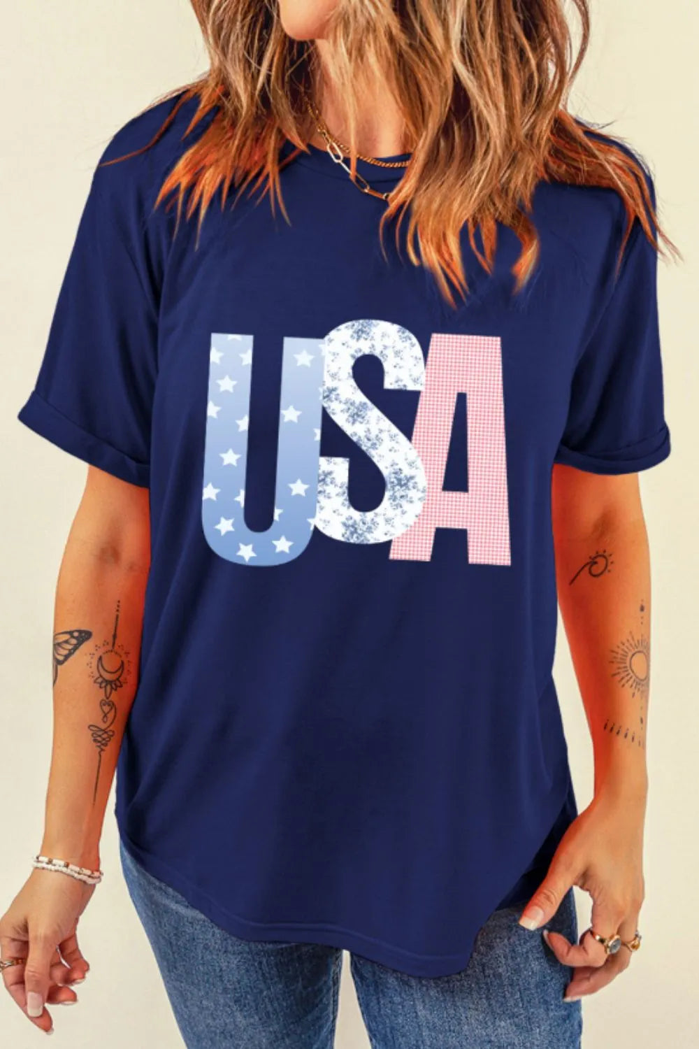 USA Letter Round Neck T-Shirt - cas7m