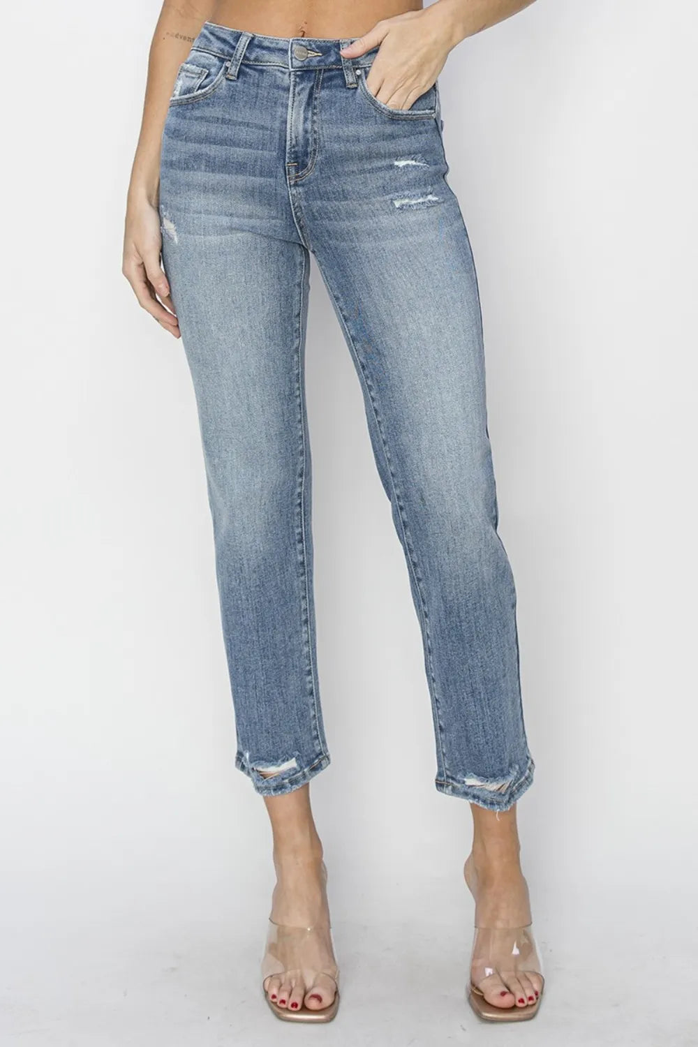 RISEN Full Size High Waist Distressed Cropped Jeans - cas7m