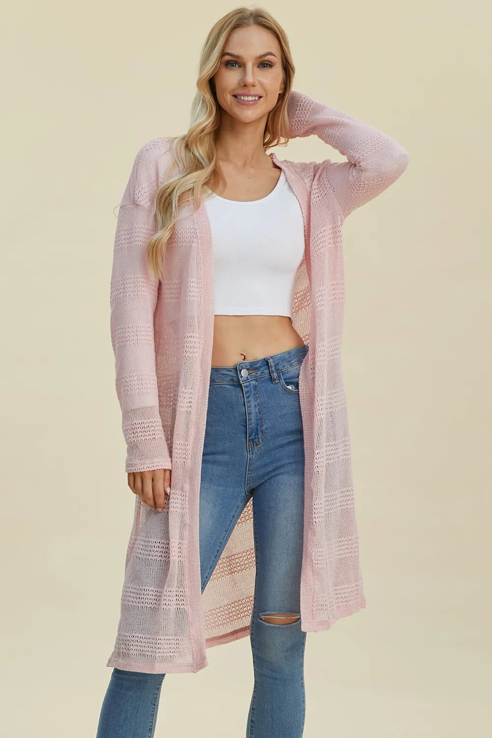 Double Take Full Size Open Front Longline Cardigan - cas7m