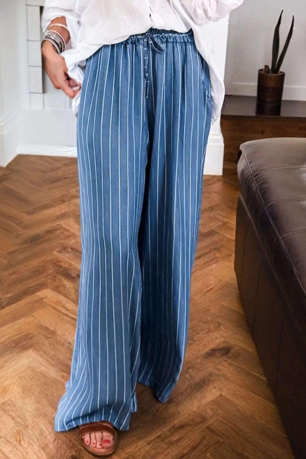 Stripe Chambray Wide Leg Tied Elastic Waist Jeans - cas7m