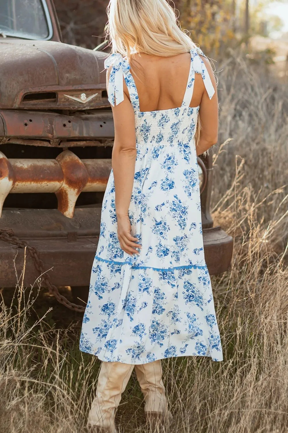 Printed Tie Shoulder Dress - cas7m