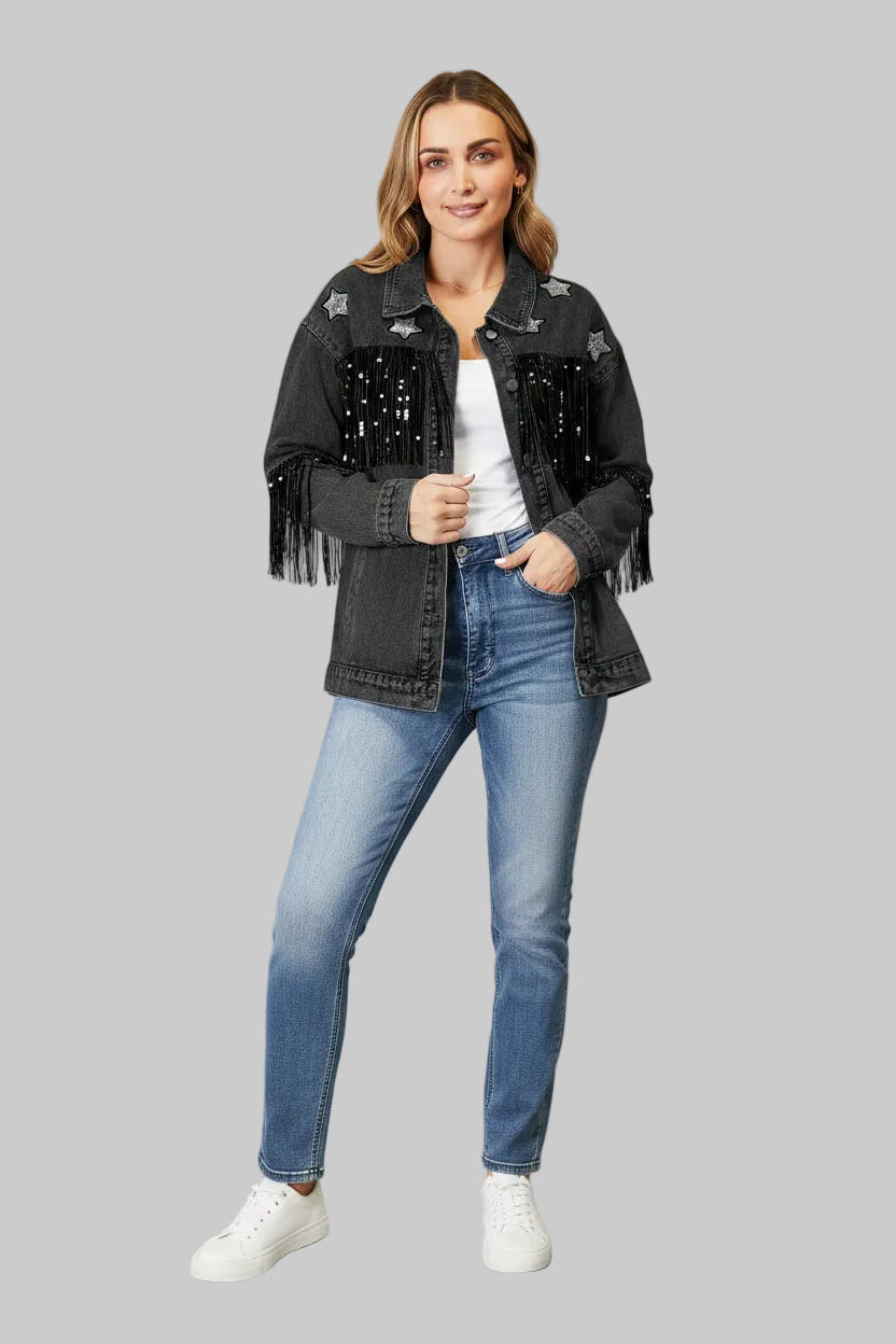 Fringe Detail Long Sleeve Denim Jacket - cas7m