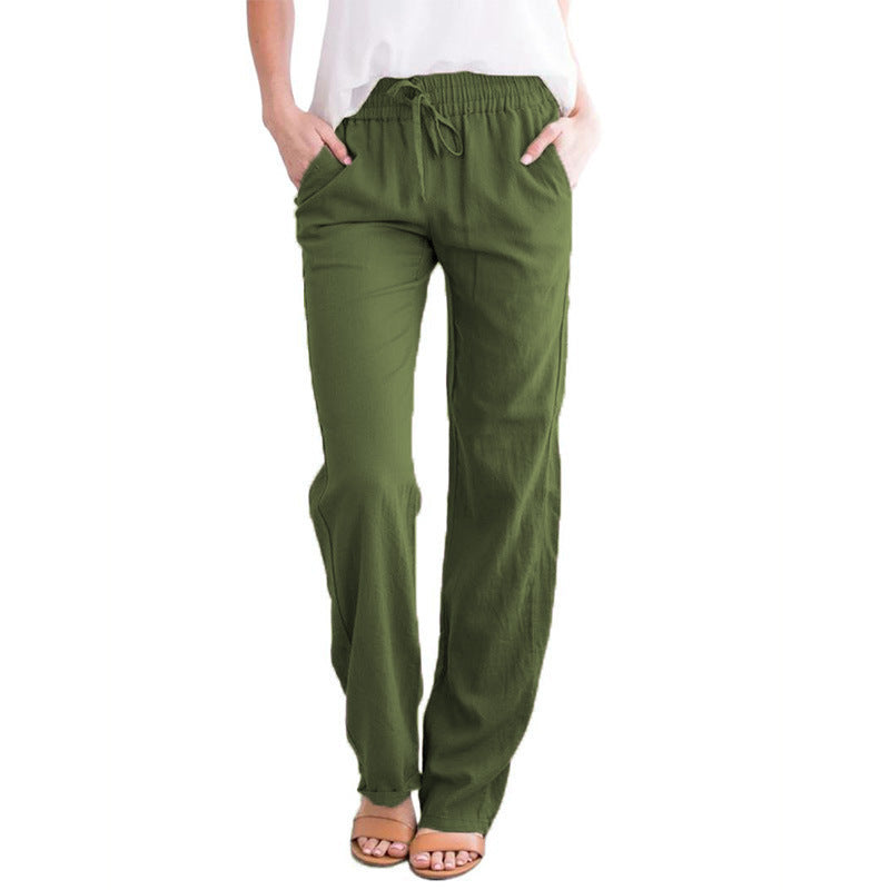 Cotton and Linen Drawstring Loose Casual Wide-Leg Trousers - cas7m