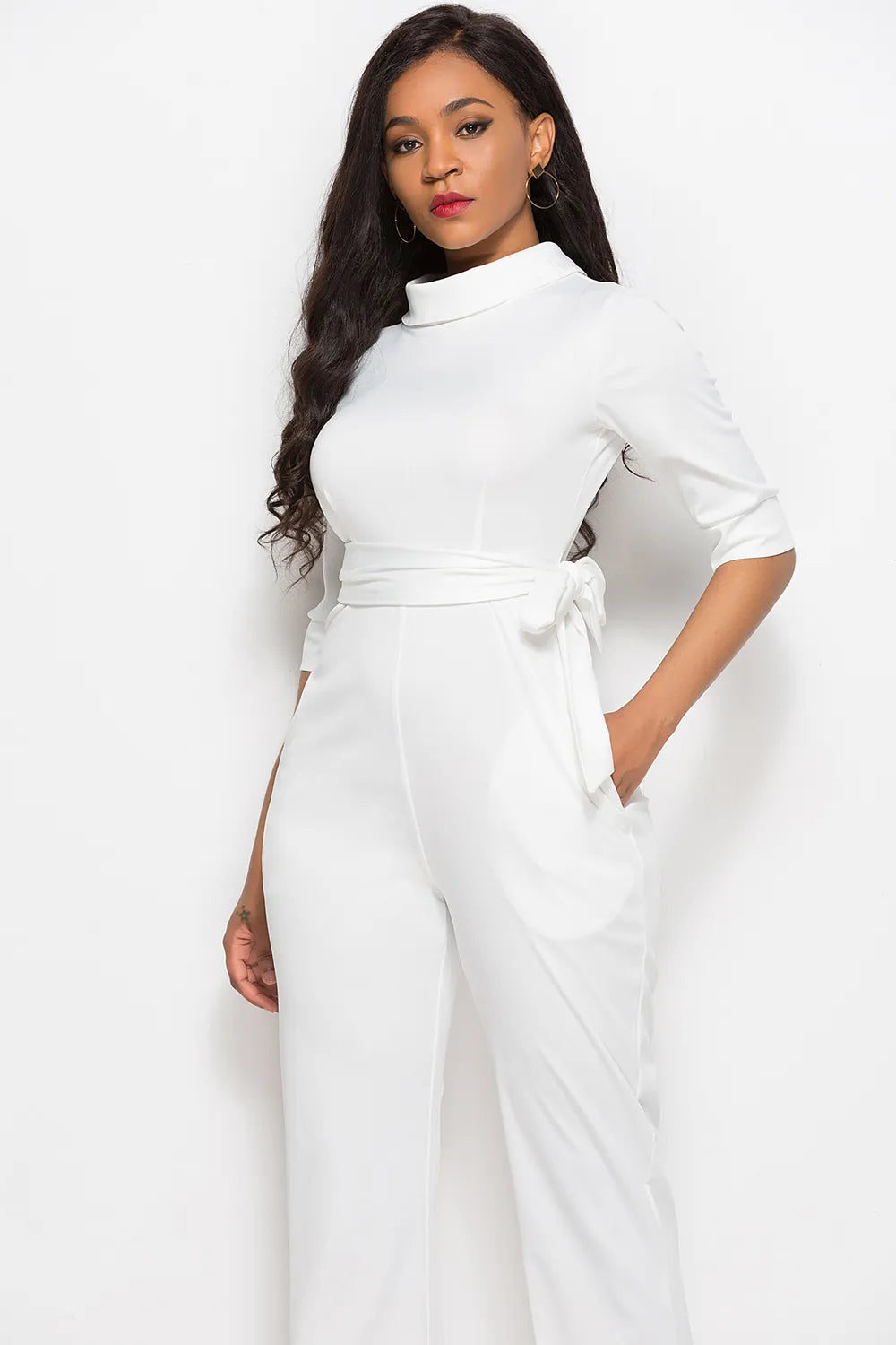 Mock Neck Tie-Waist Half Sleeve Jumpsuit - cas7m