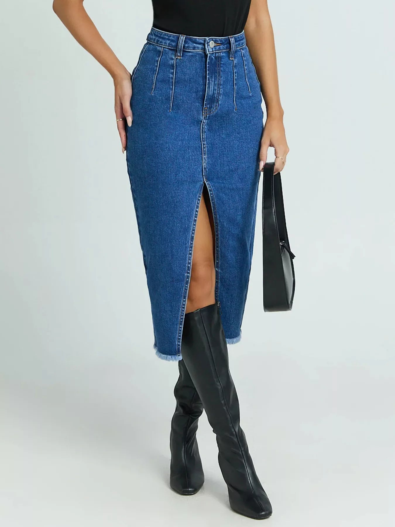 High-Waisted Slit Denim Skirt - cas7m