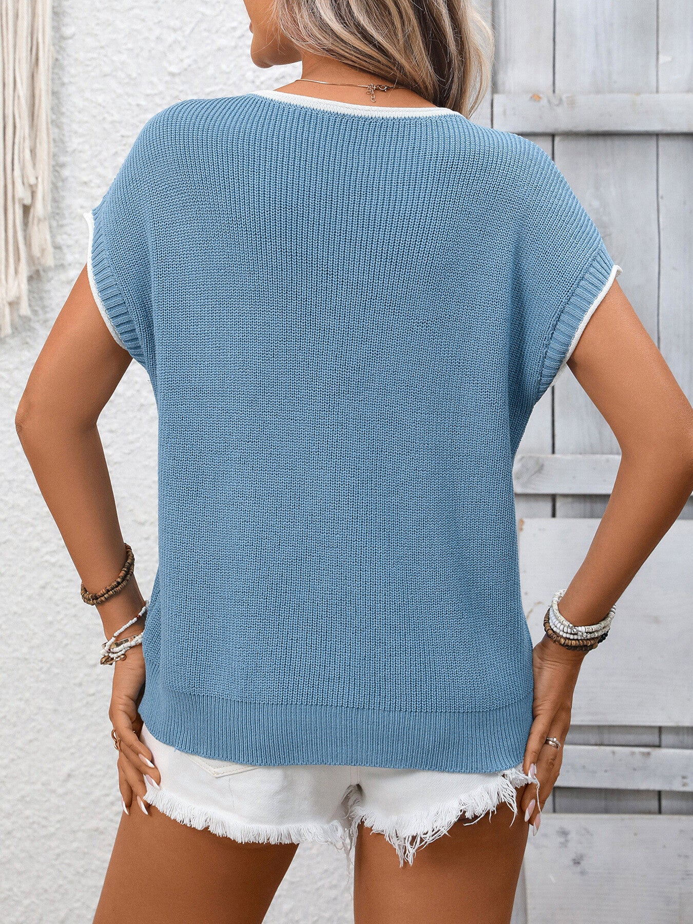 Contrast Trim Short Sleeve Sweater - cas7m