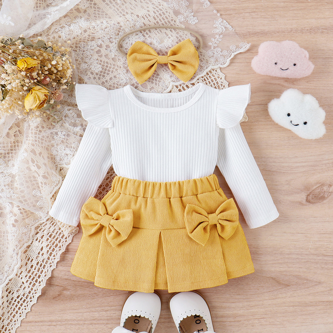 Infant Toddler Lace Bowknot Short Dress With Headdress Three-piece Set - cas7m