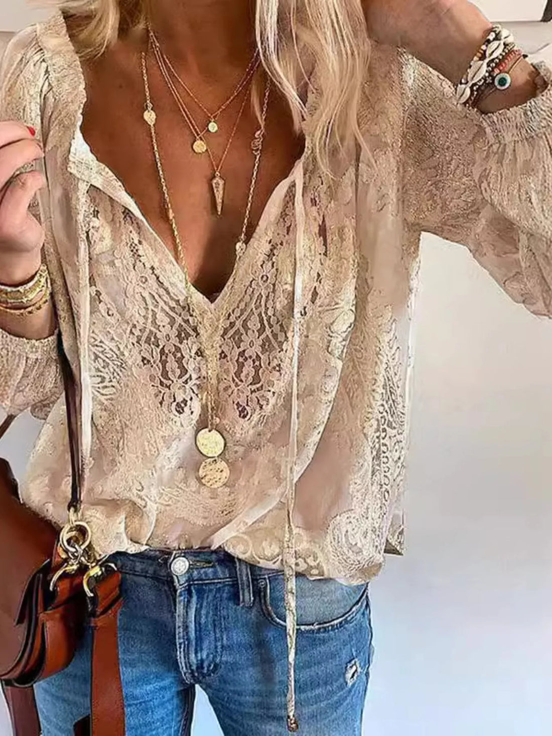 Lace Tie-Neck Blouse - cas7m