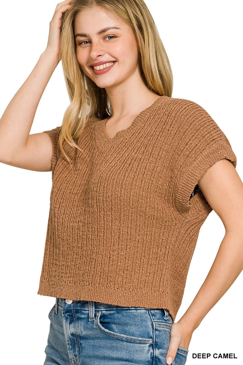 Zenana Textured Knit V-Neck Cropped Sweater - cas7m